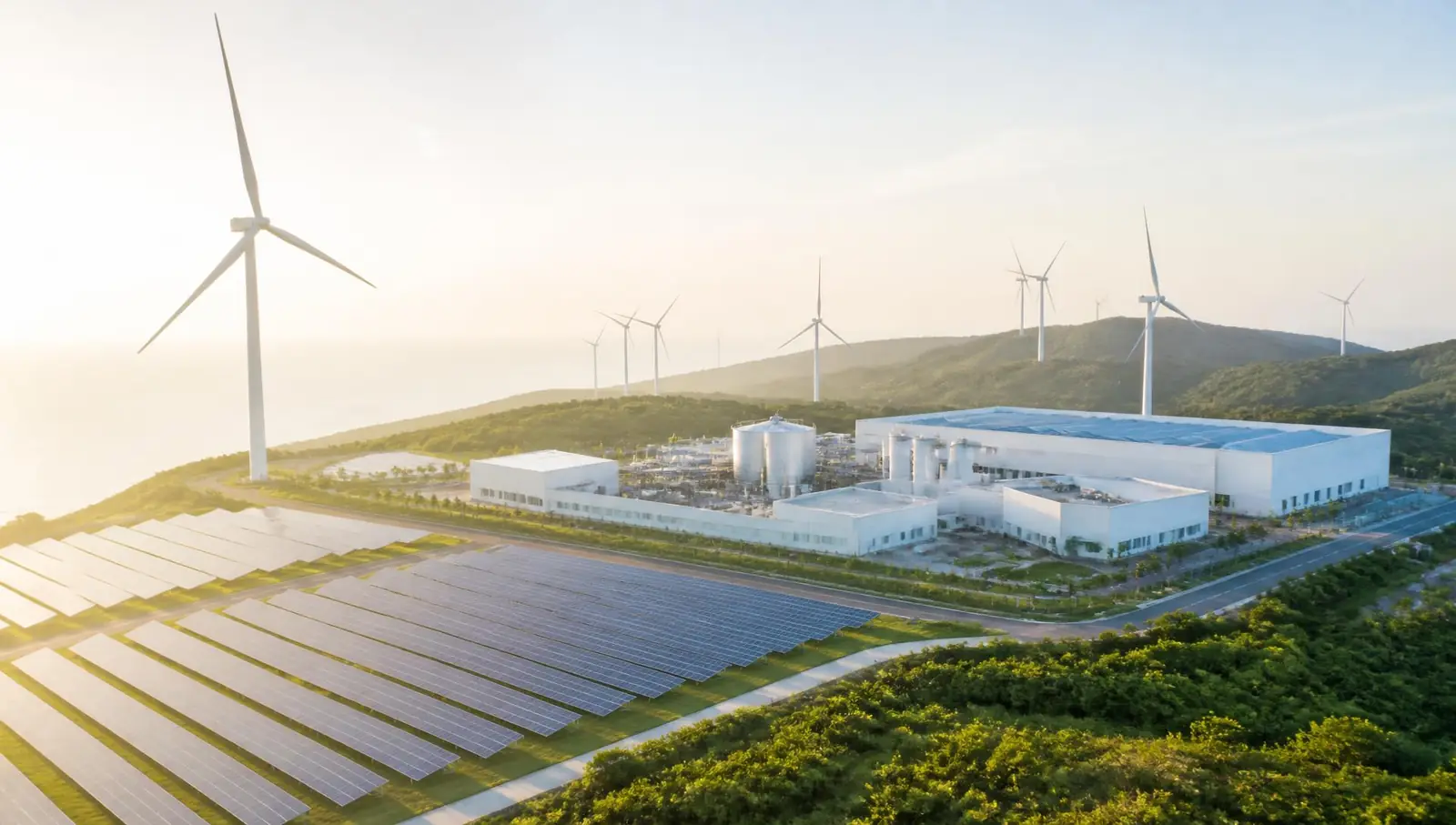 Aerial daylight view of wind turbines, solar arrays and a clean energy processing facility